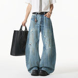 BONSIR  -  High Street Men's Denim Pants Washing Worn-out Holes Design Solid Color Bottom Straight Leg Summer Male Jeans 2025 24K5211