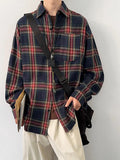 BONSIR  -  American retro white navy plaid shirt men's autumn tide brand sanding shirt coat loose casual shirt