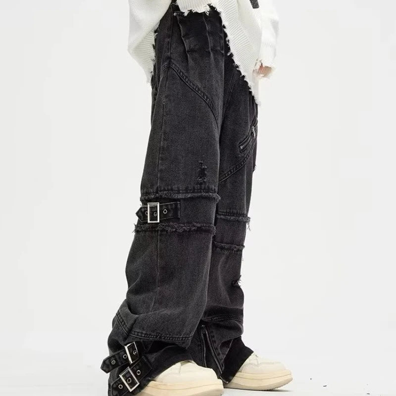 Bonsir Y2K Streetwear Black Baggy Ripped Stacked Jeans Cargo Pants For Men Clothing Straight Denim Trousers Pantalon Homme