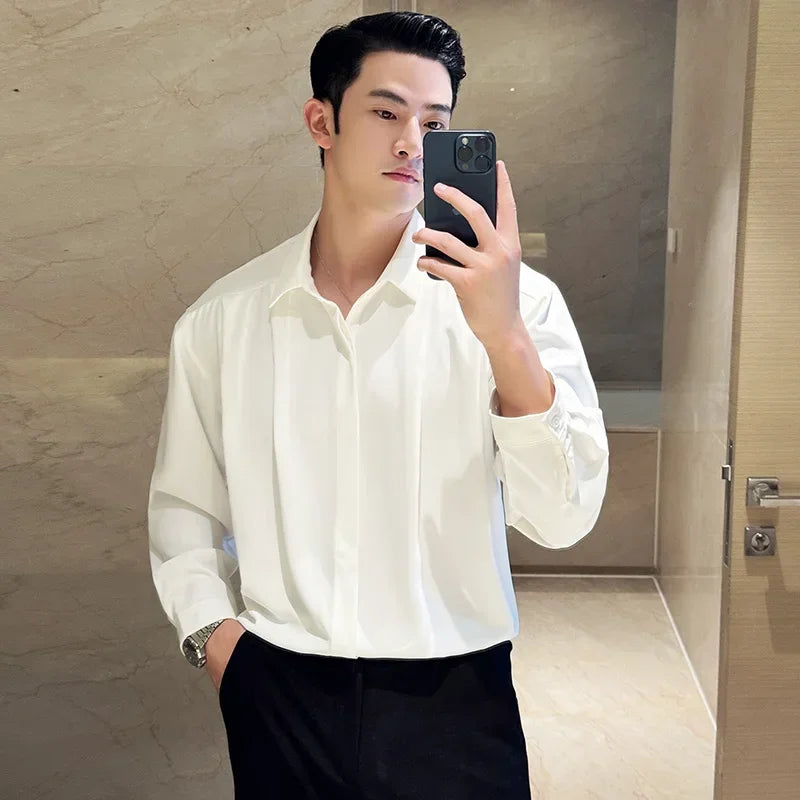 Bonsir Autumn Loose pleated Design Drape Shirts Men's Long Sleeved Korean Style Luxury Casual Social Shirt Prom Tuxedo Men's Clothing