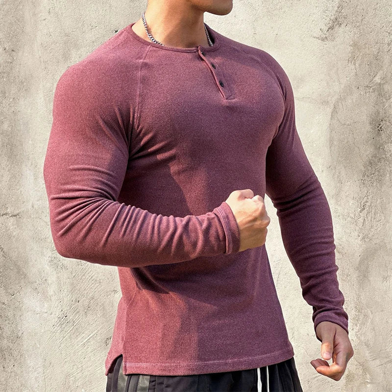 BONSIR  -  Casual Long Sleeve Solid T-shirt Gym Man Long Sleeve Henry Collar Shirt Muscle Men Elastic Ribbed Basic Tops Pullover Streetwear