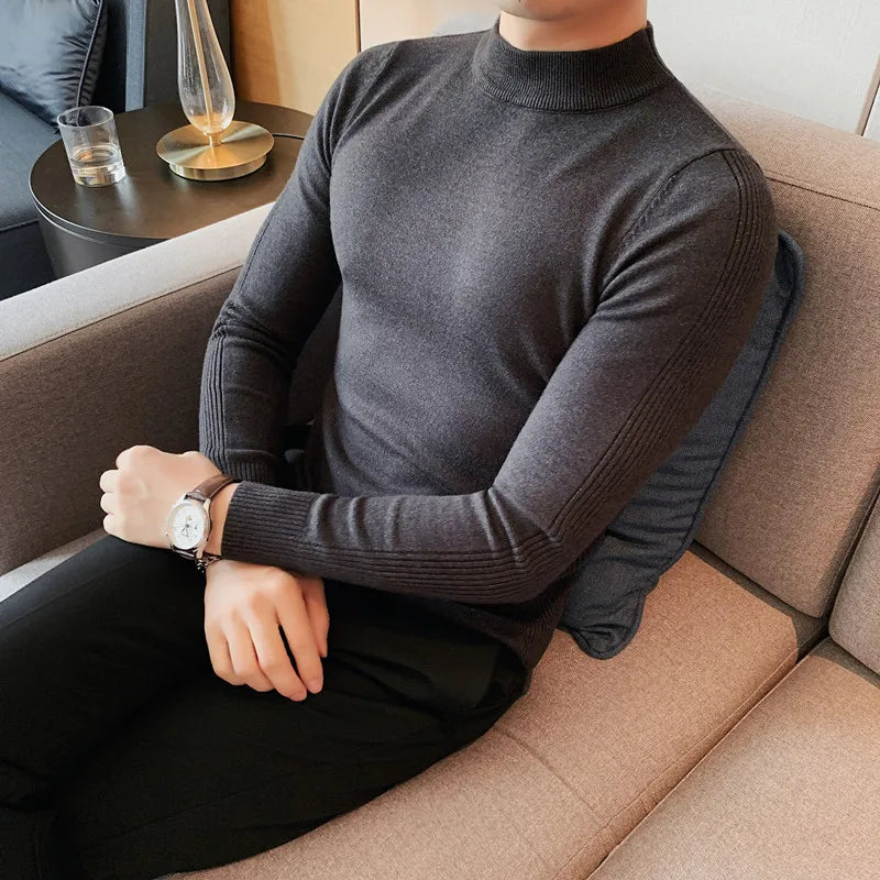 Bonsir Autumn Winter New Half Turtleneck Sweater Men's Korean Slim Fit Knitted Pullovers Solid Color Casual Bottoming Shirt Sweater