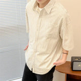 BONSIR  -  Men's Oversized Striped Casual Shirt - Korean Fashion Trend Short Sleeve Button-Down Collared Top  Stylish Layered Streetwear