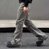 Bonsir Y2K Streetwear Vintage Grey Pleated Flare Jeans Pants For Men Designer Clothes Old Harajuku Luxury Goth Long Trousers
