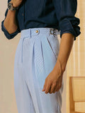 BONSIR  -  Classic Striped High Waist Suit Trousers Men Vintage Belt Lace-up Straight Pants Spring Summer Mens Fashion Pleated Slim Pants