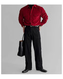 BONSIR  -  Burgundy thin corduroy shirt men's flip double patch pocket high-end mature long-sleeved red shirt men Autumn clothes