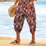 BONSIR  -  Summer Vintage Boho Graphic Belt Tie-up Pants Men Casual Loose Breathable Cotton Printed Shorts pocket Beach Shorts Men