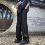 BONSIR  -  National Style Bamboo Embroidery Men's Summer Trend Ice Silk Loose Wide Leg Straight Pants