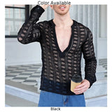 BONSIR  -  Casual Shirt Men Mesh Shirt Men Shirt Shirt Beach Club Daily Male Slim Fit Spring Summer V-neck Black Cotton Blend