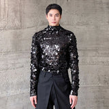 Bonsir Elgance Men's Long Sleeve T-shirts Autumn Trend Sequin Standing Neck Slim Male Tee Fashion Personality 2024 Autumn New