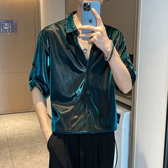 Bonsir Men Shiny Design Casual Shirt Trendy Handsome Shirts Fashion Loose Half Sleeve Tops Korean Style Personality Clothing