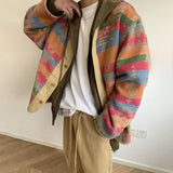 Bonsir Mens Jacket Rainbow Stripes Contrast Color Casual Jacket Autumn Streetwear Personality Retro Ethnic Jacket Men'S Clothing