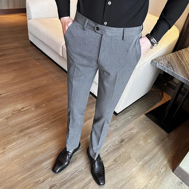 Bonsir Autumn New High Waist Solid Casual Dress Pants Men High Quality Slim Suit Pants Formal Wedding Social Party Trousers