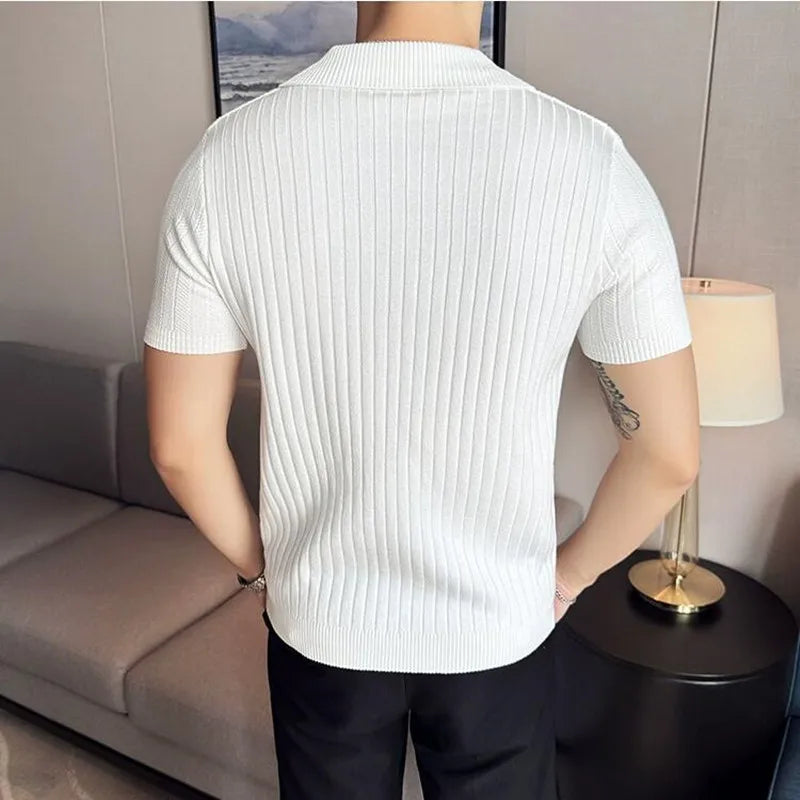 Bonsir Summer New Striped V-neck Knitted Polo Shirts Fashion Men‘s Short Sleeved Thin Breathable Casual Social T-shirt 4XL-M