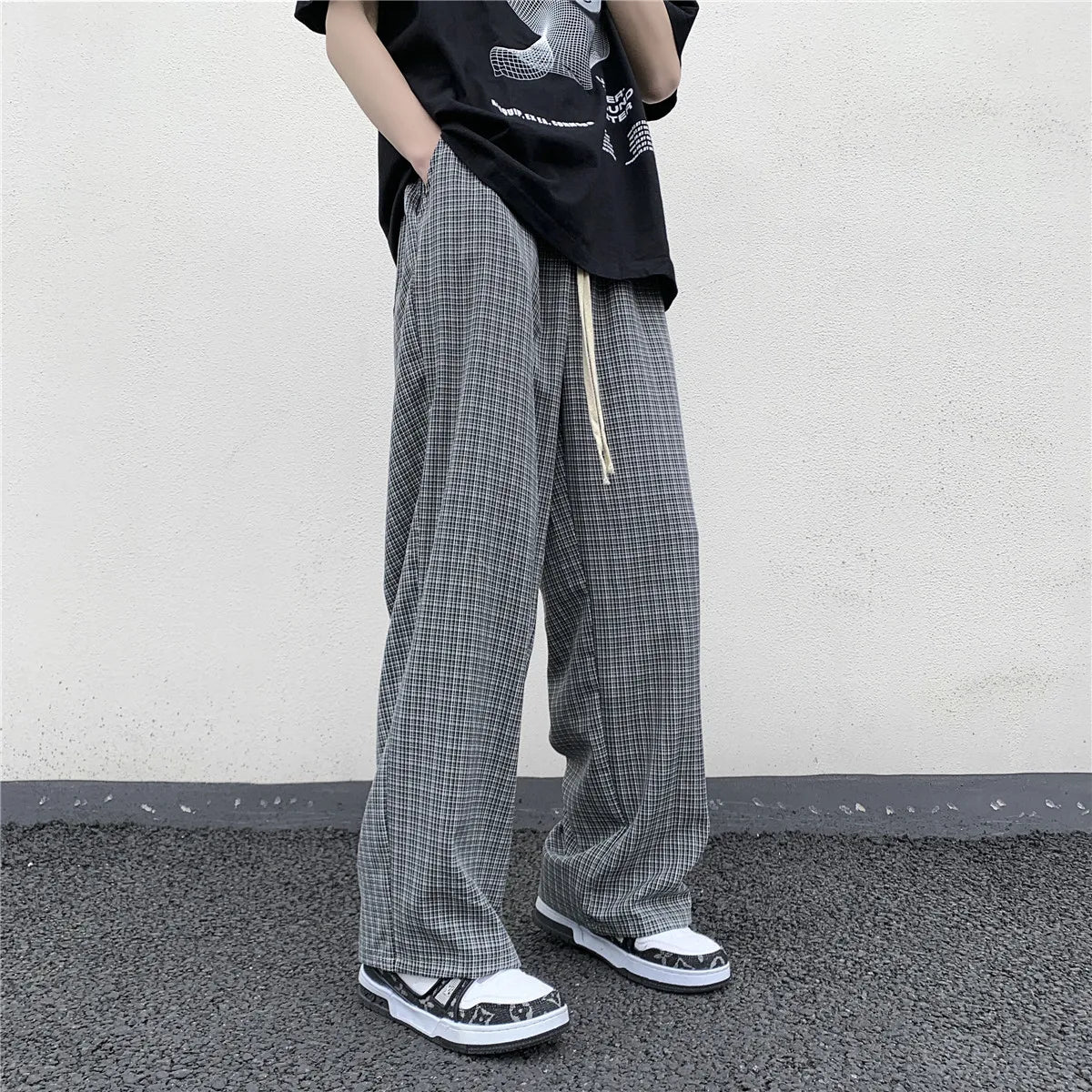 BONSIR  -  Summer/Autumn Plaid Pants Men Loose Casual Straight Trousers for Male/Female Harajuku Hip-hop Streetwear Wide-leg Mopping Pants