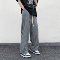 BONSIR  -  Summer/Autumn Plaid Pants Men Loose Casual Straight Trousers for Male/Female Harajuku Hip-hop Streetwear Wide-leg Mopping Pants