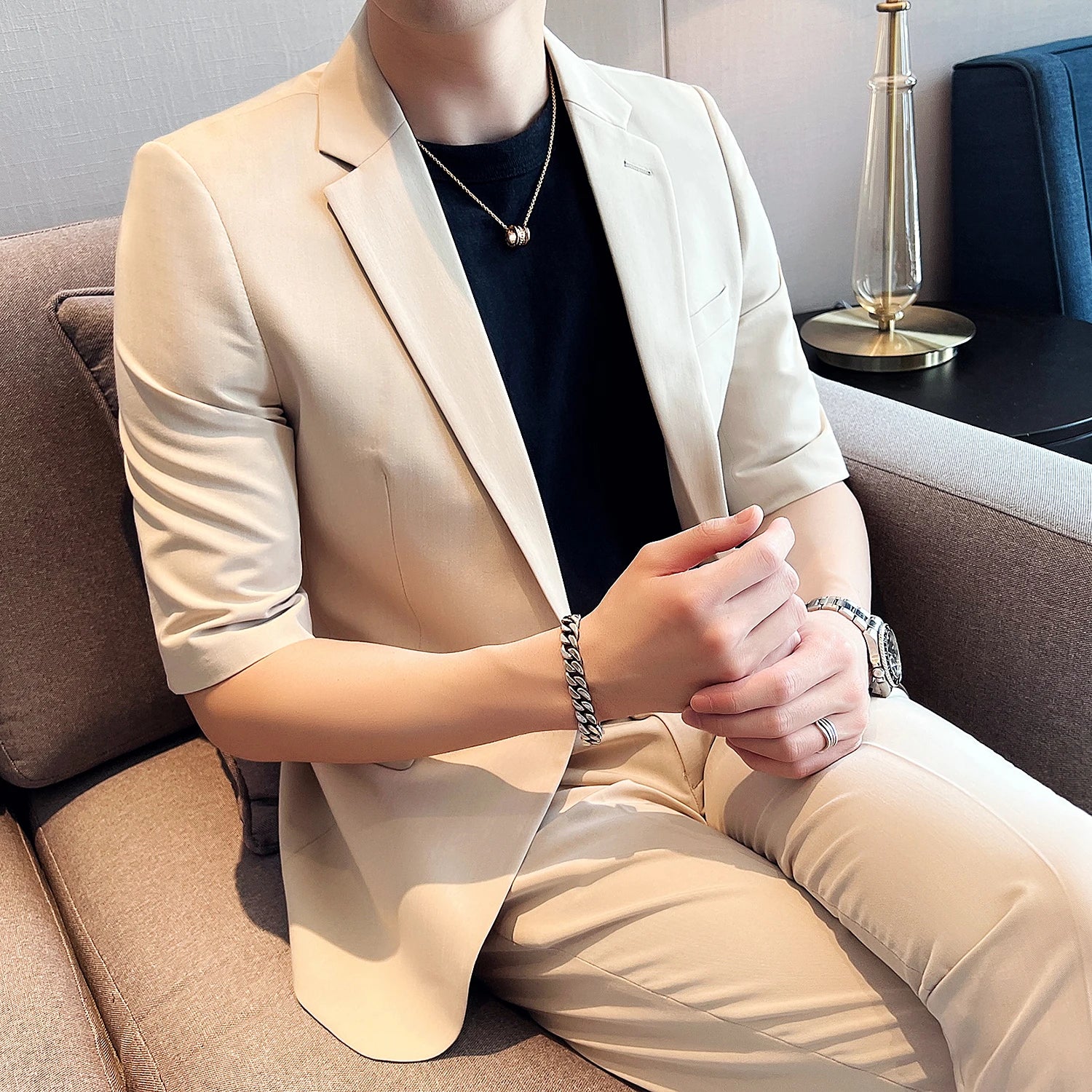 Bonsir Summer Fashion Short Sleeve Blazer Jacket Match Pant Slim Fit Solid Color 2-piece Men Casual Business Office Party Tuxedo