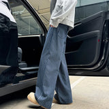 BONSIR  -  American Retro Cleanfit Blue Vertical Striped Loose Wide Leg Jeans for Men Trendy High Waist Long Pants Straight Cut Trousers