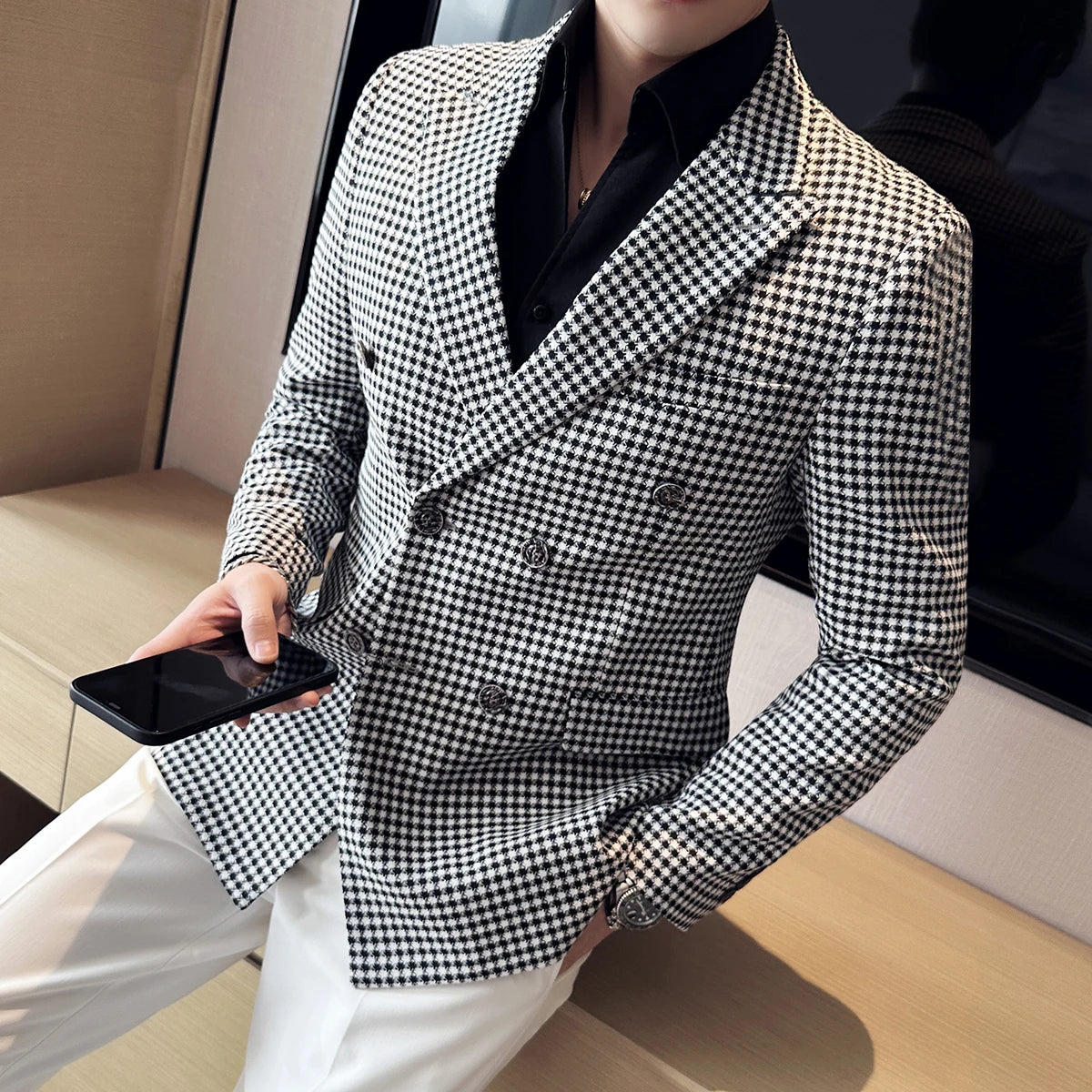 Bonsir British Style Fashion Double Breasted Casual Blazer Coat Men Check Slim Fit Suit Jacket Formal Office Wedding Tuxedo Jacket