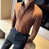 Bonsir High Quality V-Neck Shirt Men Autumn New Long Sleeve Business Slim Fit Solid Shirt Formal Wear Casual Social Tuxedo Men Clothing