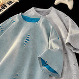 BONSIR  -  American Street Style Irregular Hole T-Shirt 2025 Summer Men's Short-sleeved Round Neck Top Tide Tshirt Hip Hop Couple T-shirts