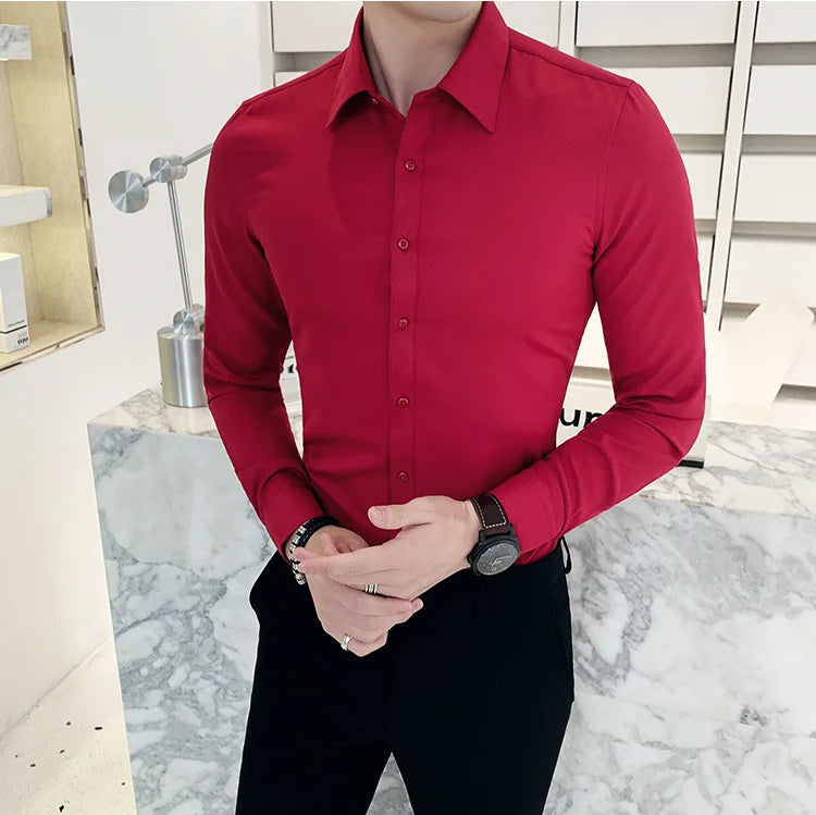 Bonsir Plus Size 7XL-M High Quality Men Dress Shirt Spring Long Sleeve Solid Business Slim Shirts Homme Dress Social Casual Shirt