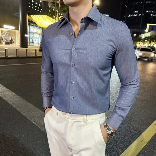 Bonsir Autumn New Fashion Lapel Shirt Men Long Sleeve Solid Color Casual Slim Fit Business Dress Shirts Social Party Men Clothing