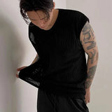 BONSIR  -  Y2K Style Hollow Out Knitted Tank Tops Men Summer New Fashion Streetwear O Neck Sleeveless Knit Vest Leisure Mens Knit Camisoles