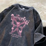 BONSIR  -  Summer New Harajuku Butterfly Print Grunge T-shirts Loose Fashion Streetwea Crop Tops Women Y2k Aesthetic Casual Drawstring Tees
