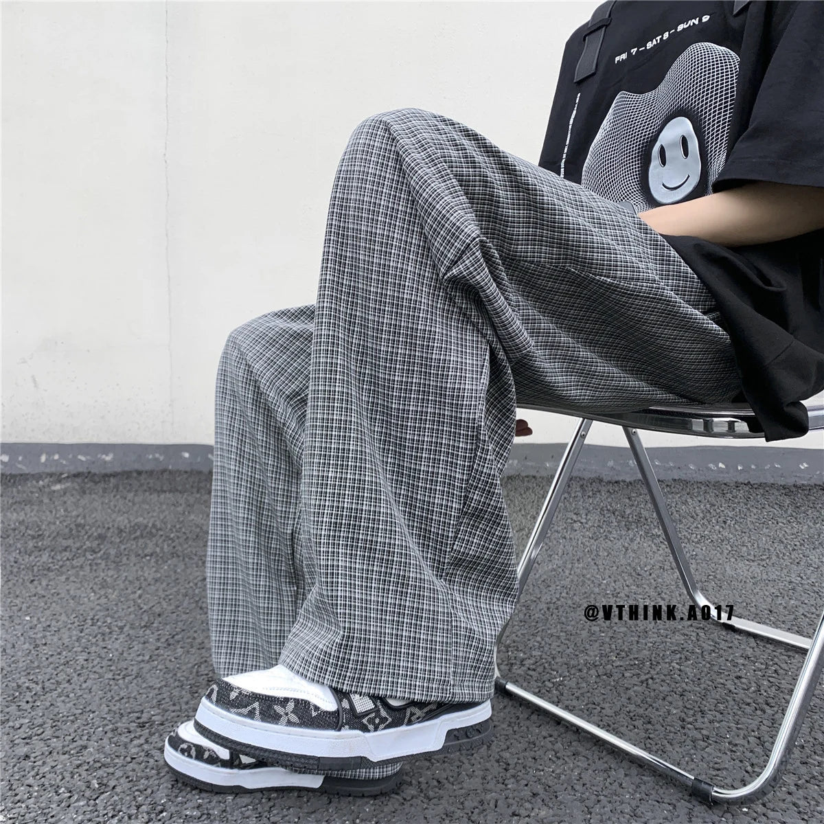 BONSIR  -  Summer/Autumn Plaid Pants Men Loose Casual Straight Trousers for Male/Female Harajuku Hip-hop Streetwear Wide-leg Mopping Pants