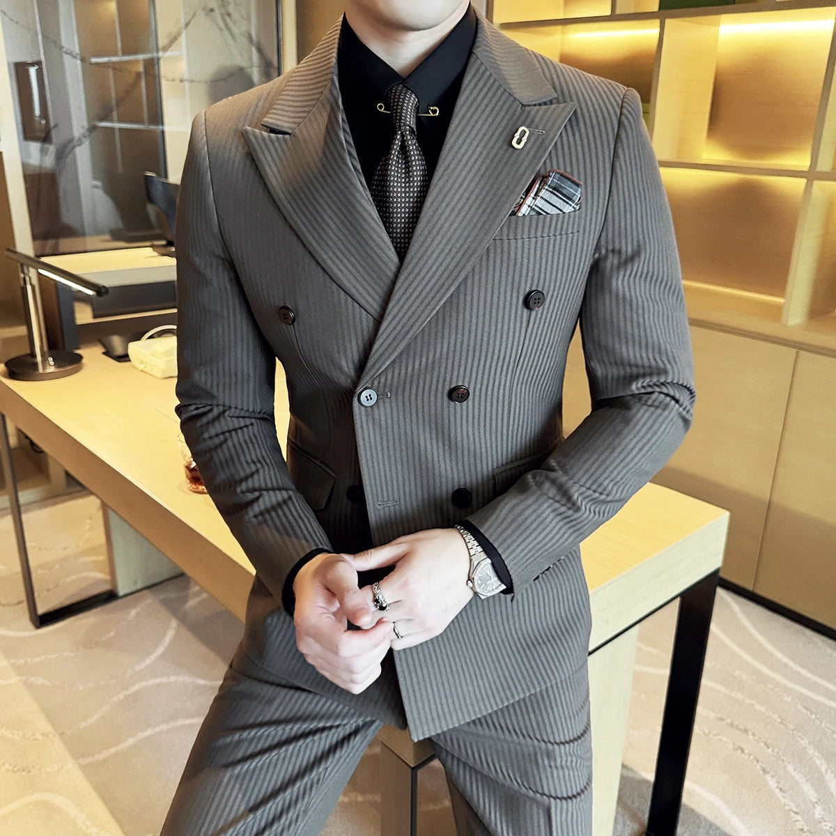 Bonsir (Jackets+Pants+Vest) Luxury Stripe Men Suit High Quality Double Breasted Elegant Fashion Tuxedo Formal Groom Wedding Social Suit