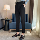 Bonsir British Style Men High Waist Casual Dress Pant Men Belt Design Slim Trousers Formal Office Social Wedding Party Dress Suit Pants