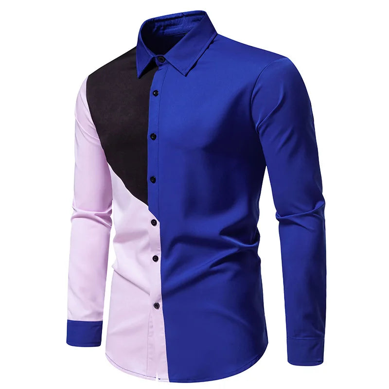 BONSIR  -  Autumn Foreign Trade New Men's Polo Collar Colored Long Sleeved Shirt European Casual Splicing Large Men's Shirt