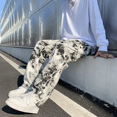 Bonsir Mens Fashion Printed jeans Spring Mopping Trousers Jeans Korean Style High Street Loose Hip Hop Wide-leg Jean Pants