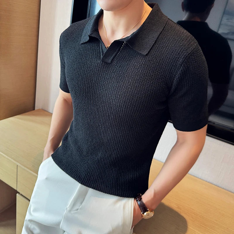 Bonsir Summer Hollow Knitted Short Sleeved Polo shirt Mens Elasticity Mesh Casual T Shirt Male V Neck Slim Fit Breathable Polo Shirt