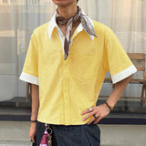 BONSIR  -  Men Shirt Summer Striped Patchwork Lapel Short Sleeve Men Clothing Streetwear Autumn 2025 Loose Korean Style Male Shirts