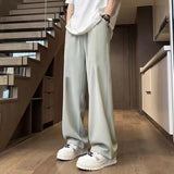 BONSIR  -  Summer Fashion Thin Ice Silk Loose Straight Pants Men Solid Elastic Waist Drawstring Pocket Casual Ventilate Wide Leg Trousers
