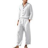 BONSIR  -  Summer Casual Mens Linen Two Piece Suits Leisure Breathable Long Sleeve Shirt And Trousers Men Outfits Fashion Solid Color Sets