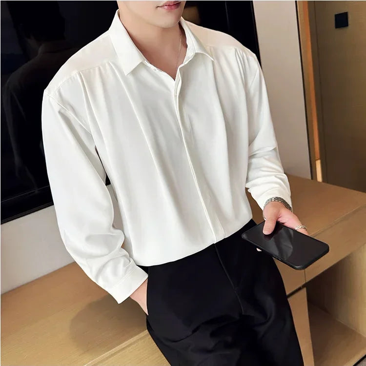 Bonsir Autumn Loose pleated Design Drape Shirts Men's Long Sleeved Korean Style Luxury Casual Social Shirt Prom Tuxedo Men's Clothing