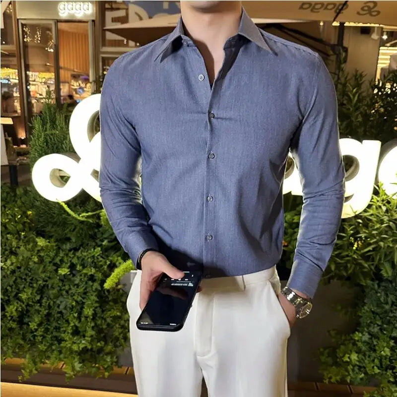 Bonsir Autumn New Fashion Lapel Shirt Men Long Sleeve Solid Color Casual Slim Fit Business Dress Shirts Social Party Men Clothing