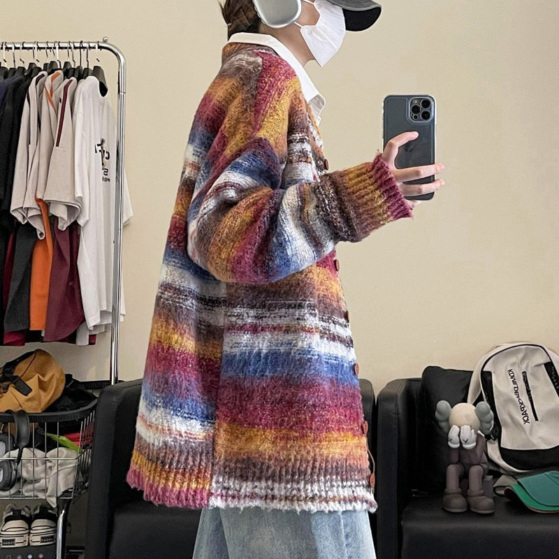 Bonsir New Retro Striped Tie-dye Contrast Color Knitted Sweater Couple Sweater Cardigan winter Trend Korean style Loose Men's Coat