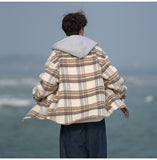 Bonsir Autumn/Winter New Woolen Plaid Loose Hooded Large Jacket Coat Fashion Men Clothing Daily Overcoat Handsome Unisex Parka