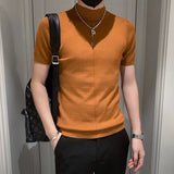 Bonsir Summer Thin Knitted T-shirt Half High Collar Men Pullover Slim Business Social T Shirt Solid Color Men Sweater Streetwear