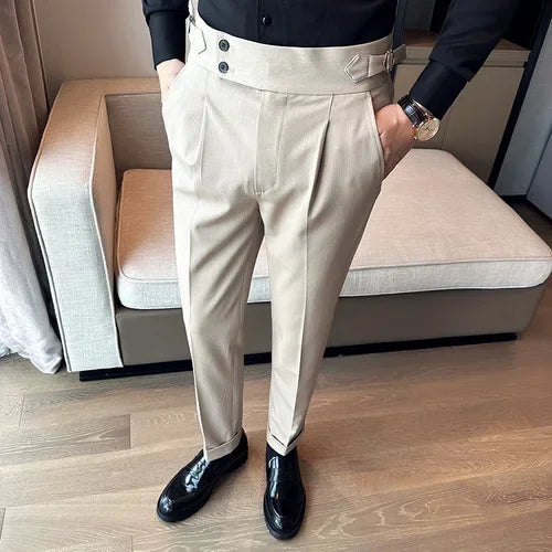 Bonsir Autumn Winter High Waist Business Dress Pants Men Casual Belt Design Slim Suit Pants Formal Wedding Social Party Male Trousers