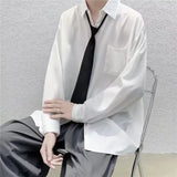 Bonsir White Solid Shirts With Tie Men's Oversize Long Sleeve Casual Cardigan Fashion Spring Autumn Blouses Unisex Daily All-match Tops