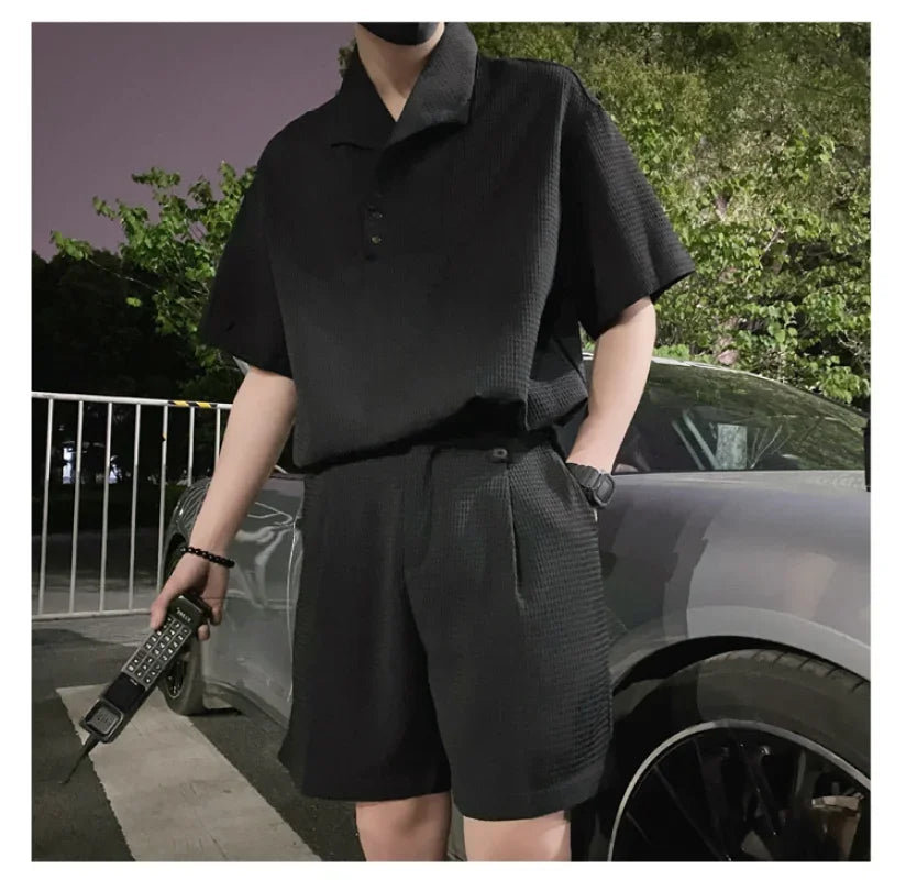 BONSIR  -  Large Lapel Concave And Convex Lattice Pattern Men Sport Suit Summer 2 Piece Set Short Sleeve Polo Short Casual Men Set Clothing