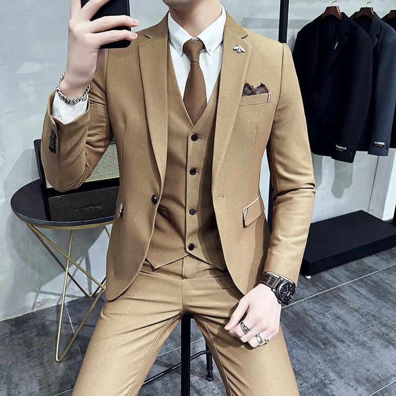 Bonsir (Jackets+Pants+Vest)High Quality Slim Fit Party Suit Mens Tuxedos Formal Business Wedding Social Suits Woven Decorate 3 Pcs Set