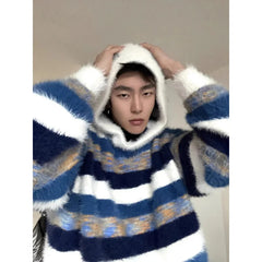 Bonsir American retro contrasting blue white striped hooded sweater casual lazy style knitted sweater top