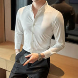 Bonsir New High Quality No Trace Ice Silk Long Sleeve Elastic Shirts Men Formal Business Slim Fit Solid Casual Shirt Tuxedo 4XL-M