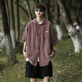 BONSIR  -  Men's Plaid Shirt Hooded Half Sleeved Fashionable Top Japanese Casual Single Breasted Short Sleeved Male Coat